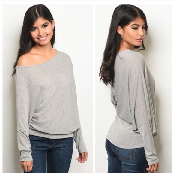Gray dolman off the shoulder  top - Picture 2 of 5